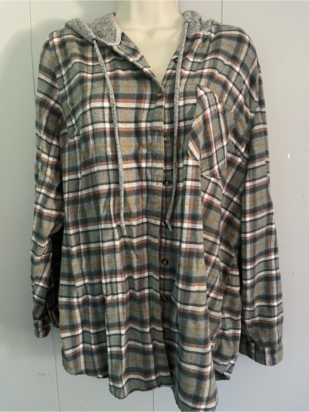 Maurices Hooded Plaid Relaxed-Fit Shirt Jacket in Gray, Brown & Yellow